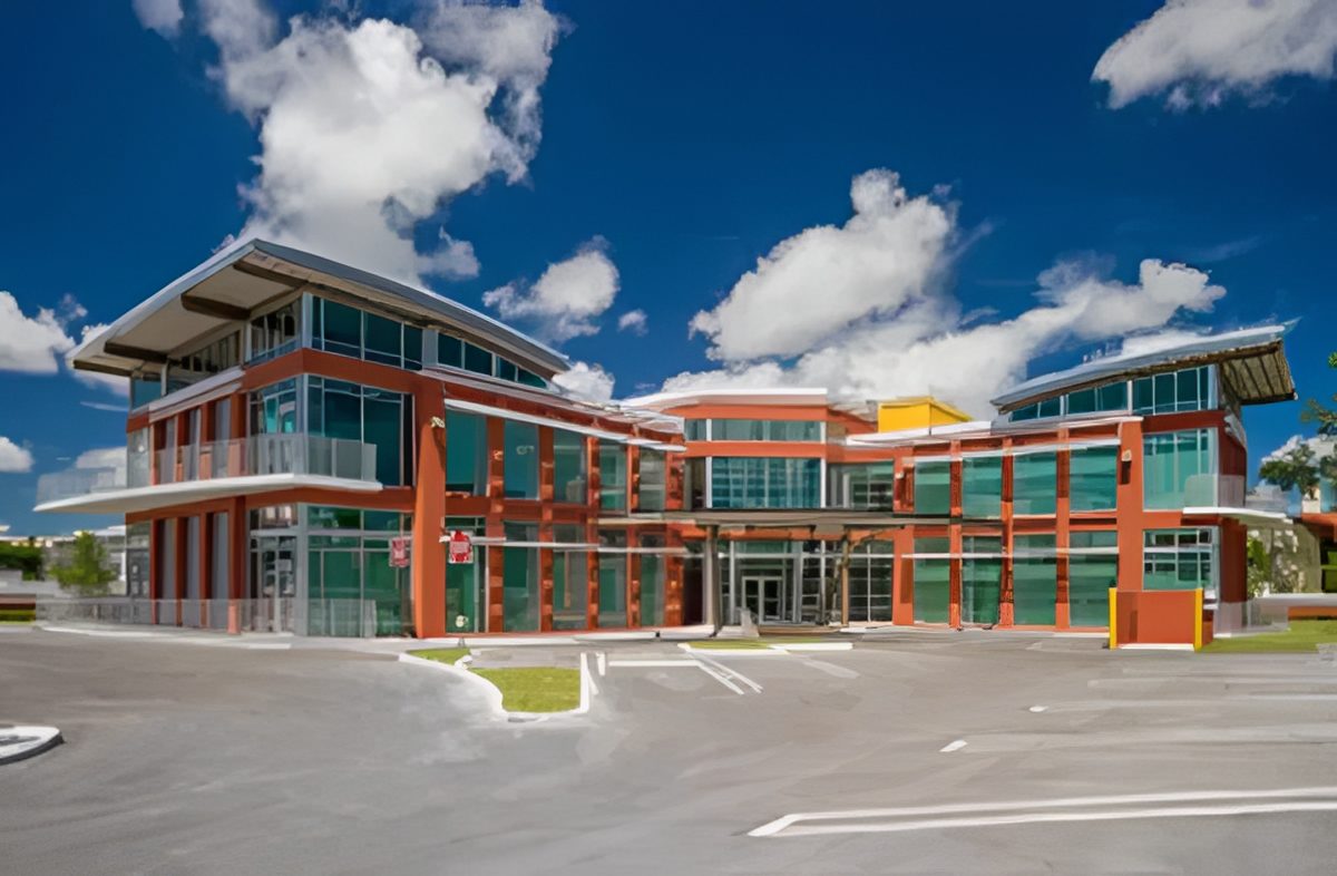 Red and glass office building exterior