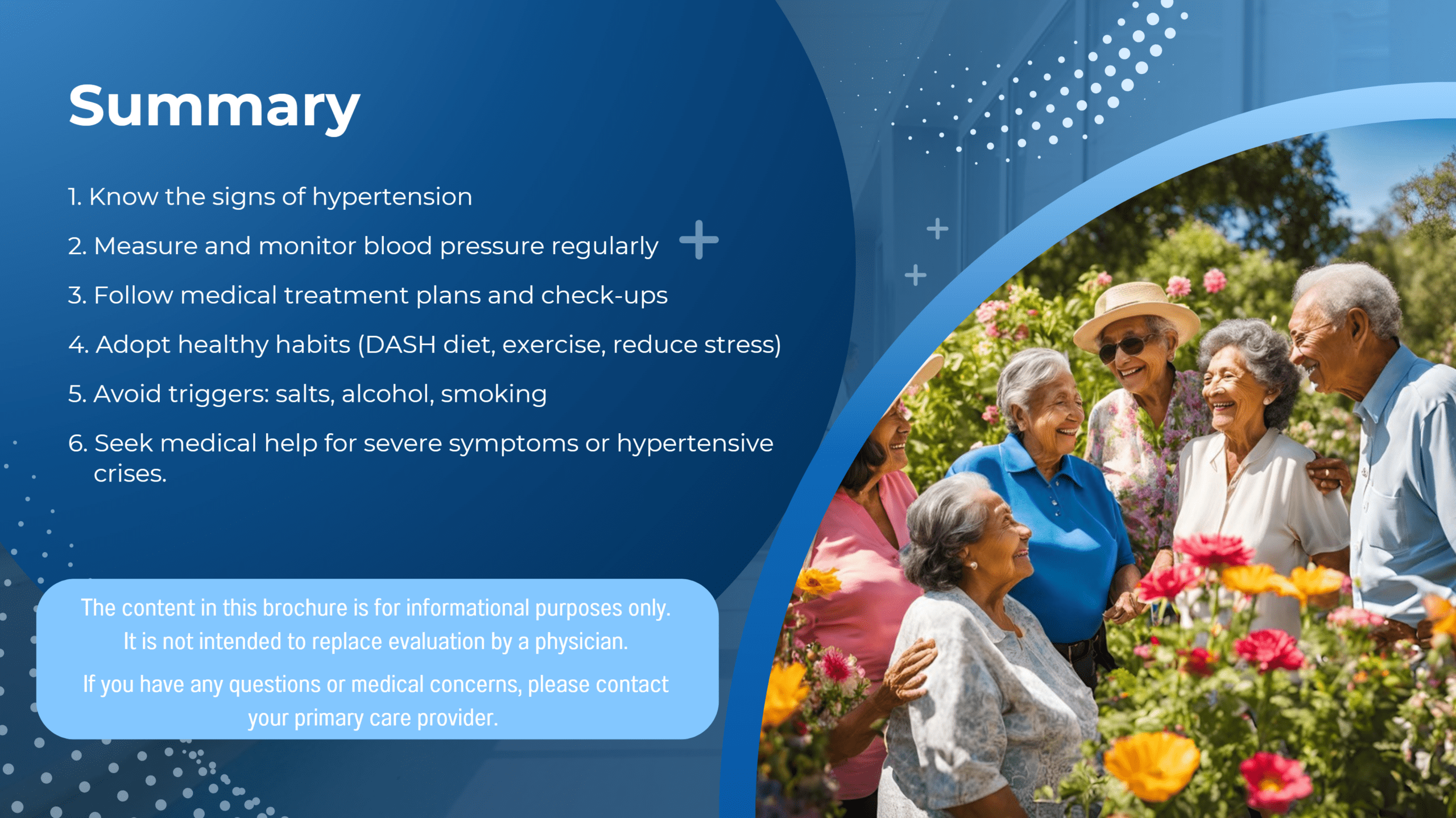 Health tips and seniors in a park setting