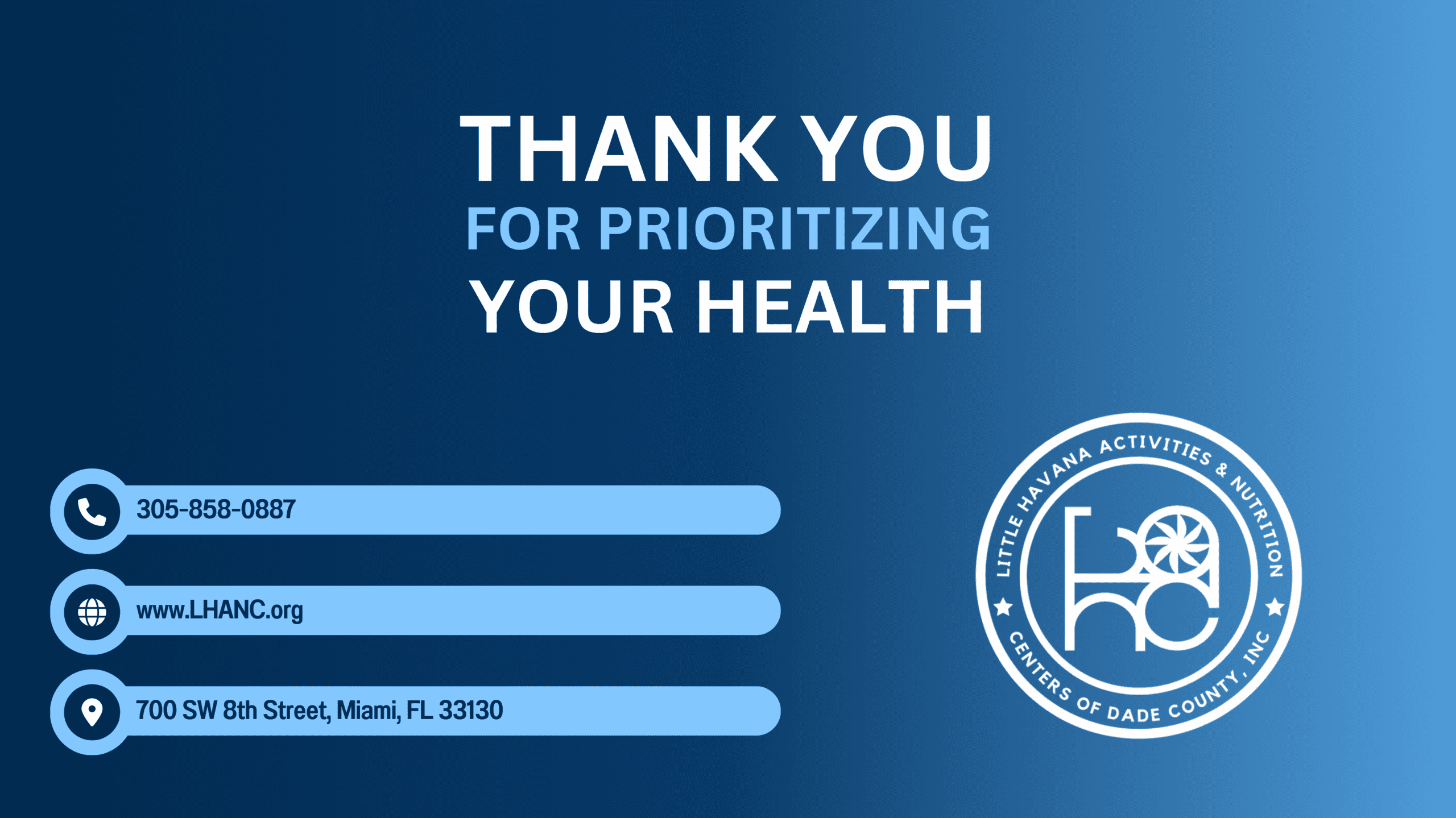 Contact information and logo on blue background.