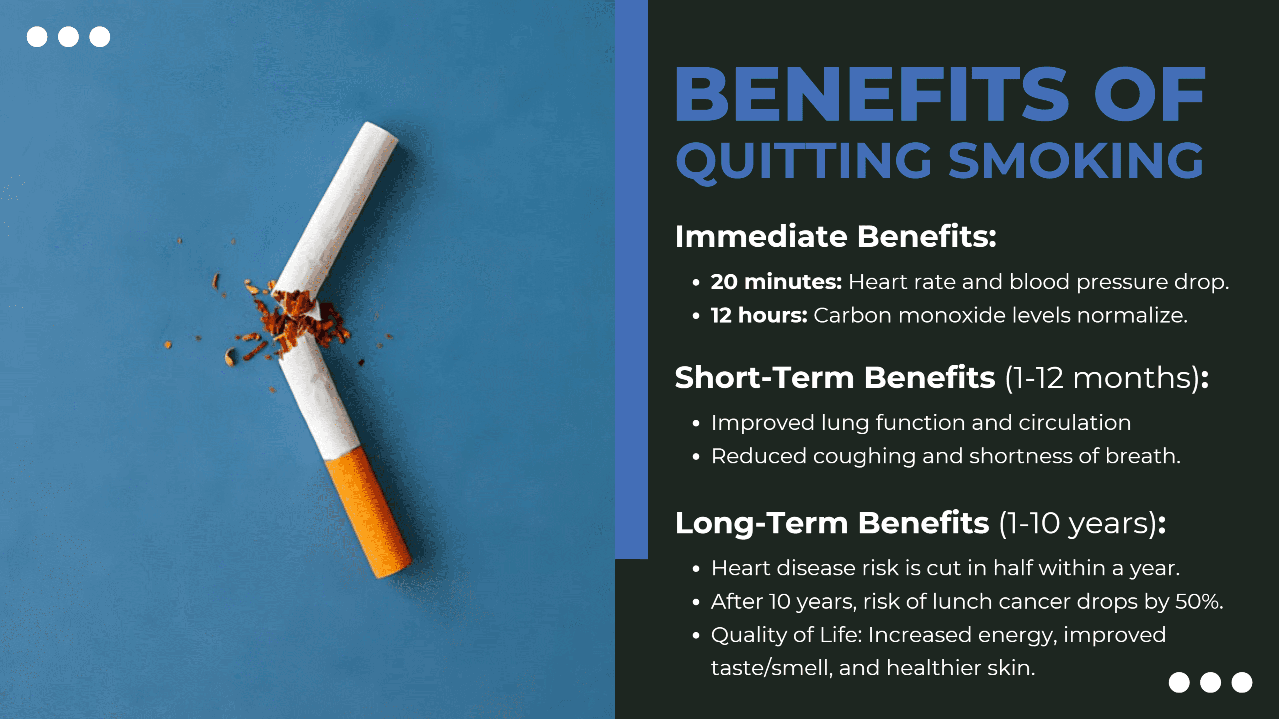 Broken cigarette with quitting benefits text