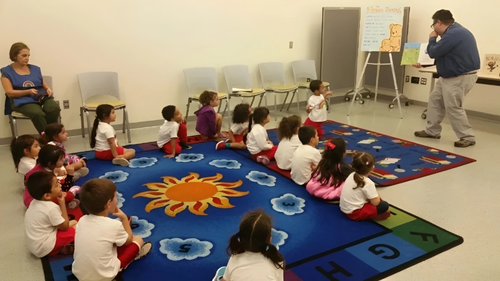 Preschool storytime with kids on colorful rug