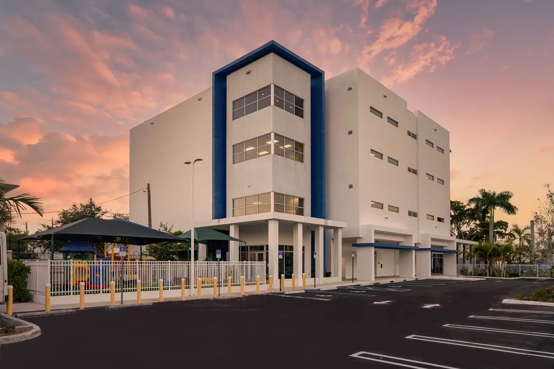 Contemporary architecture with pink sky