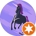 Purple unicorn illustration with star badge